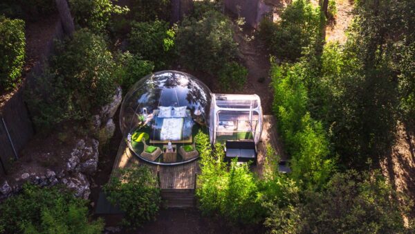 Vu d'ensemble haute de la bulle , la terrasse et forêt.